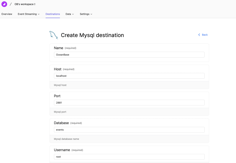 create mysql destination