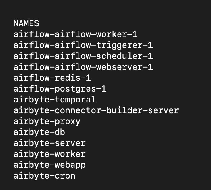 The Docker containers which are running for Airflow and Airbyte