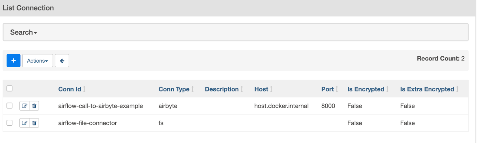 The Airflow connections that have just been created