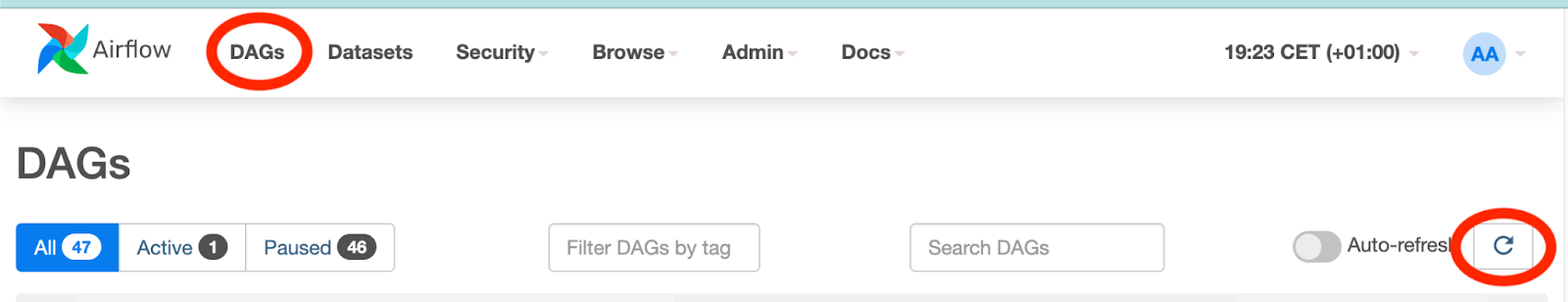 View a list of the DAGs and click on the refresh button