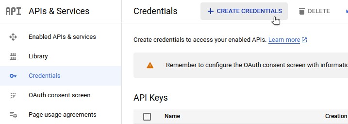 Create credentials (Google Console)