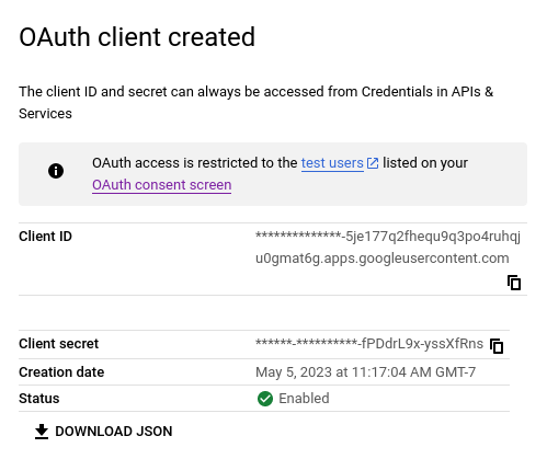 Modal with the Google credentials