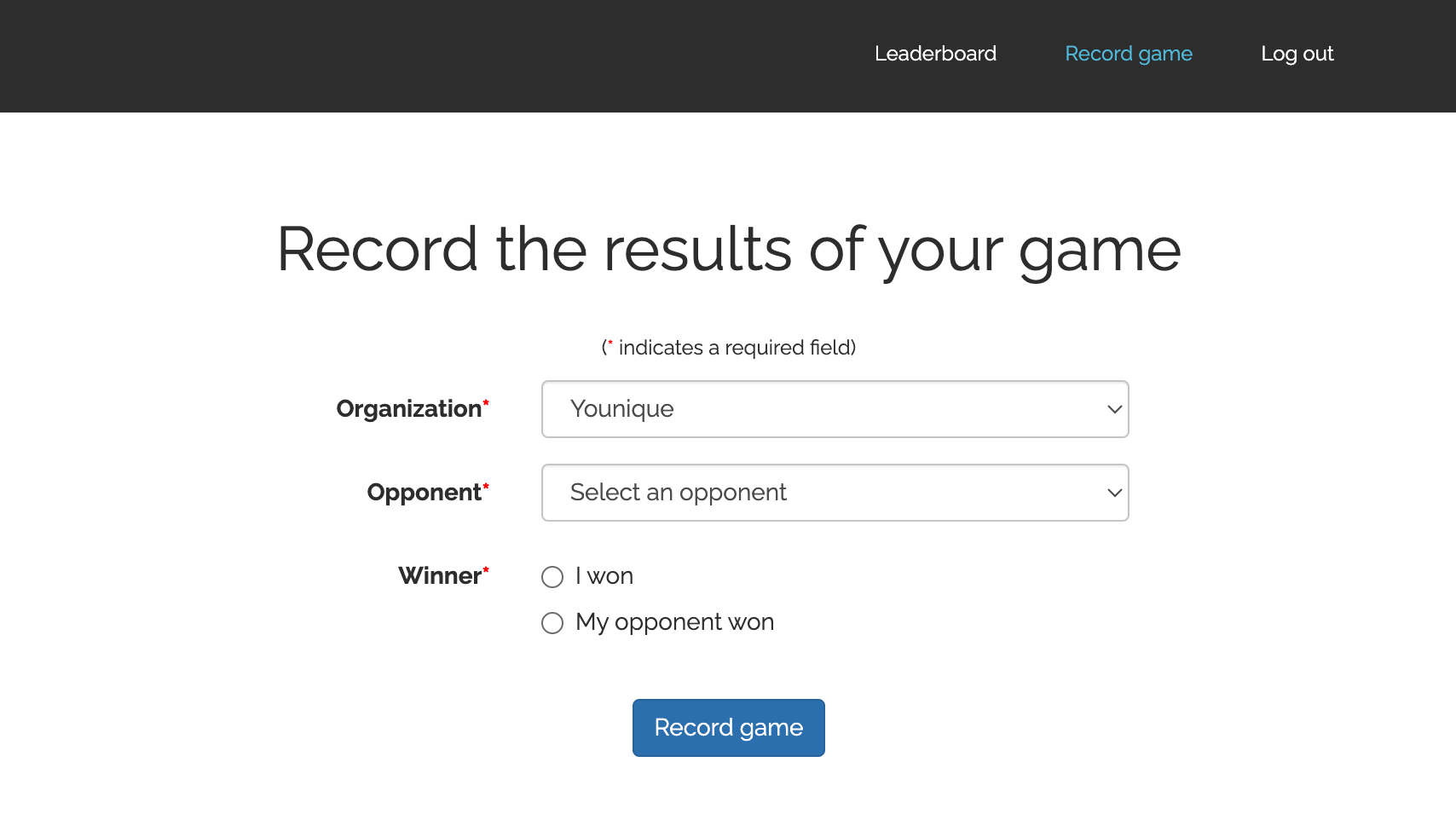 Office Competition Ranking System — Record game results page