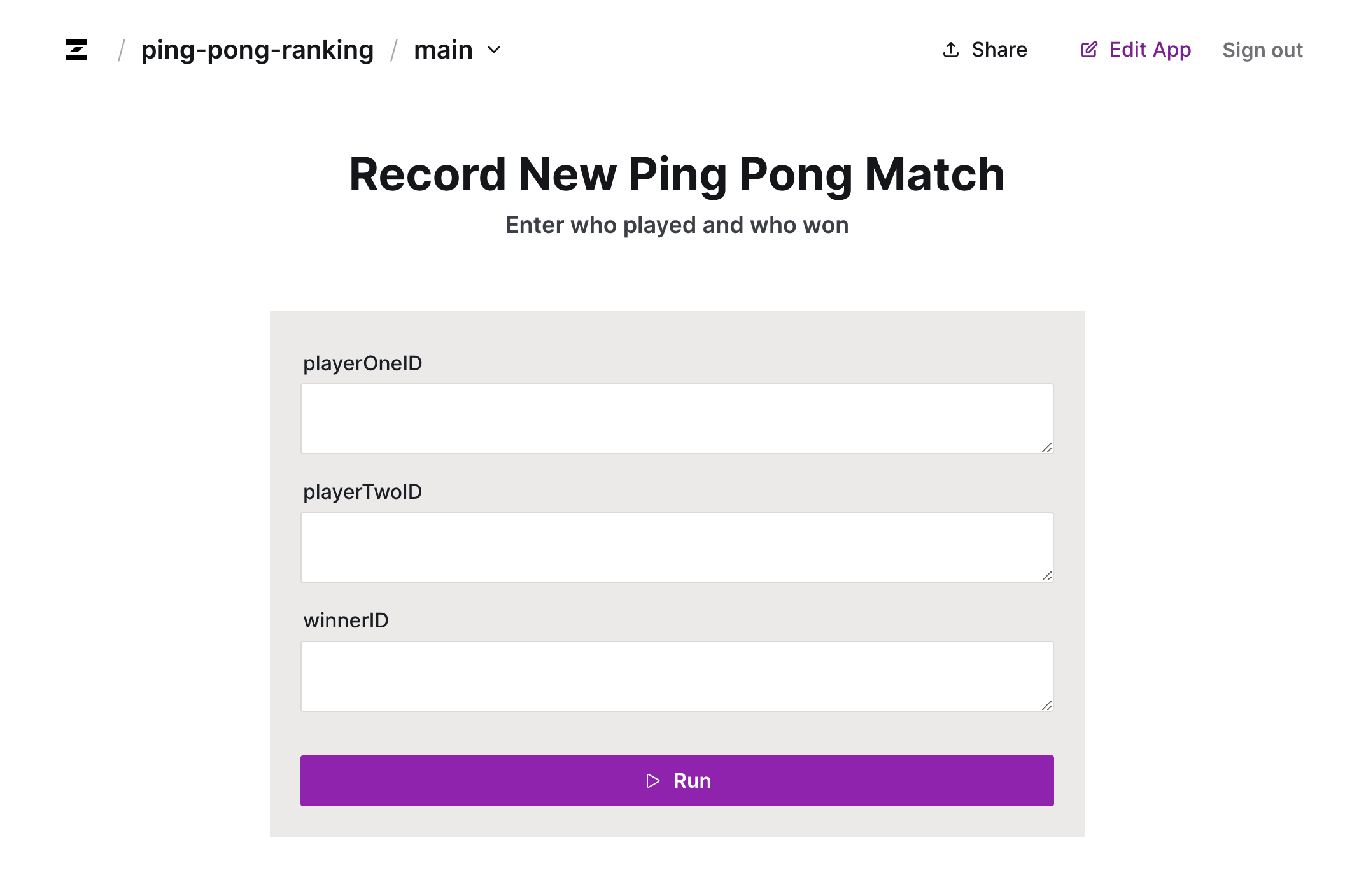 Ping pong ranking app — Record a new match page