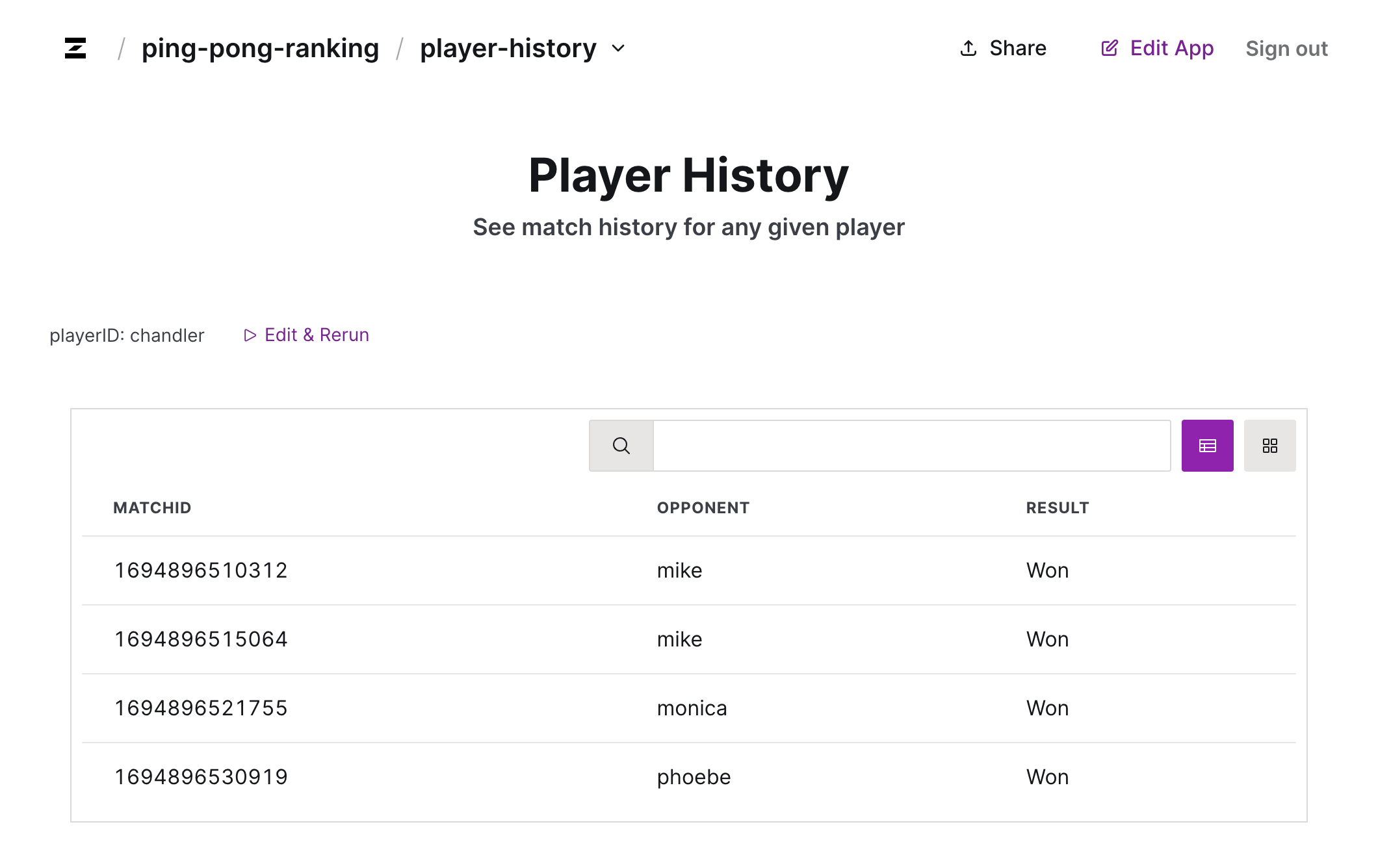 Ping pong ranking app — Player history page