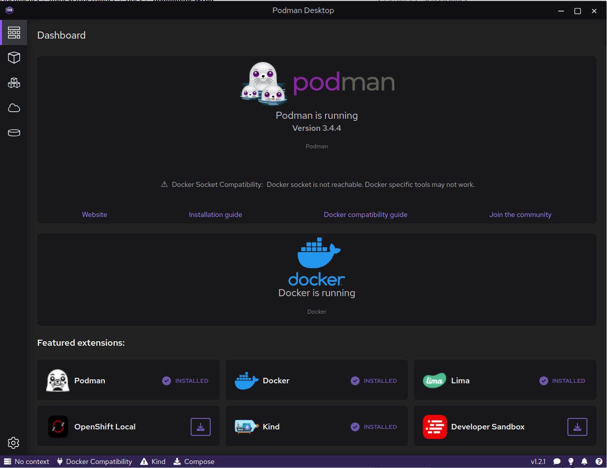 Click the Go to Podman Desktop button, which will open the Podman Desktop main screen.