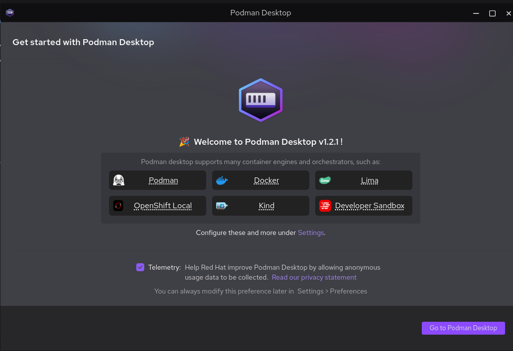 The Get Started with Podman Desktop screen is shown.