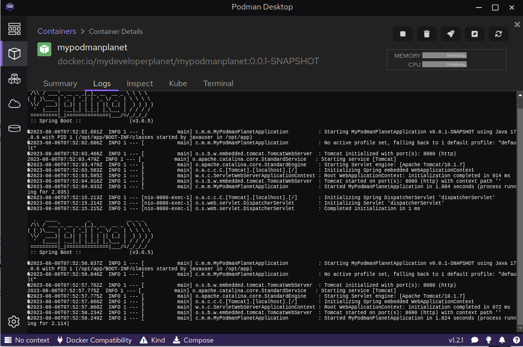 The Inspect tab shows you the details of the container.