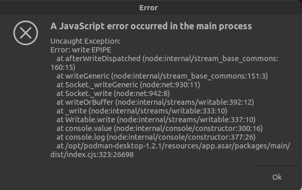 The container is started successfully, but an error message is shown in Podman Desktop.