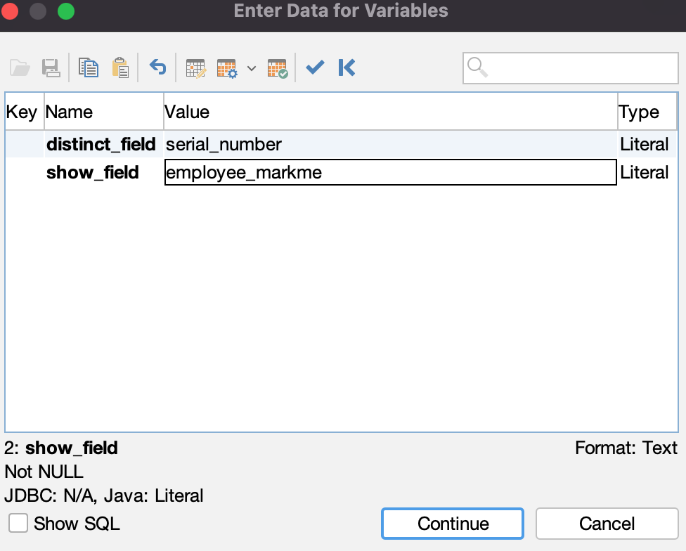[ Entering parameter values for the distinct data query ]