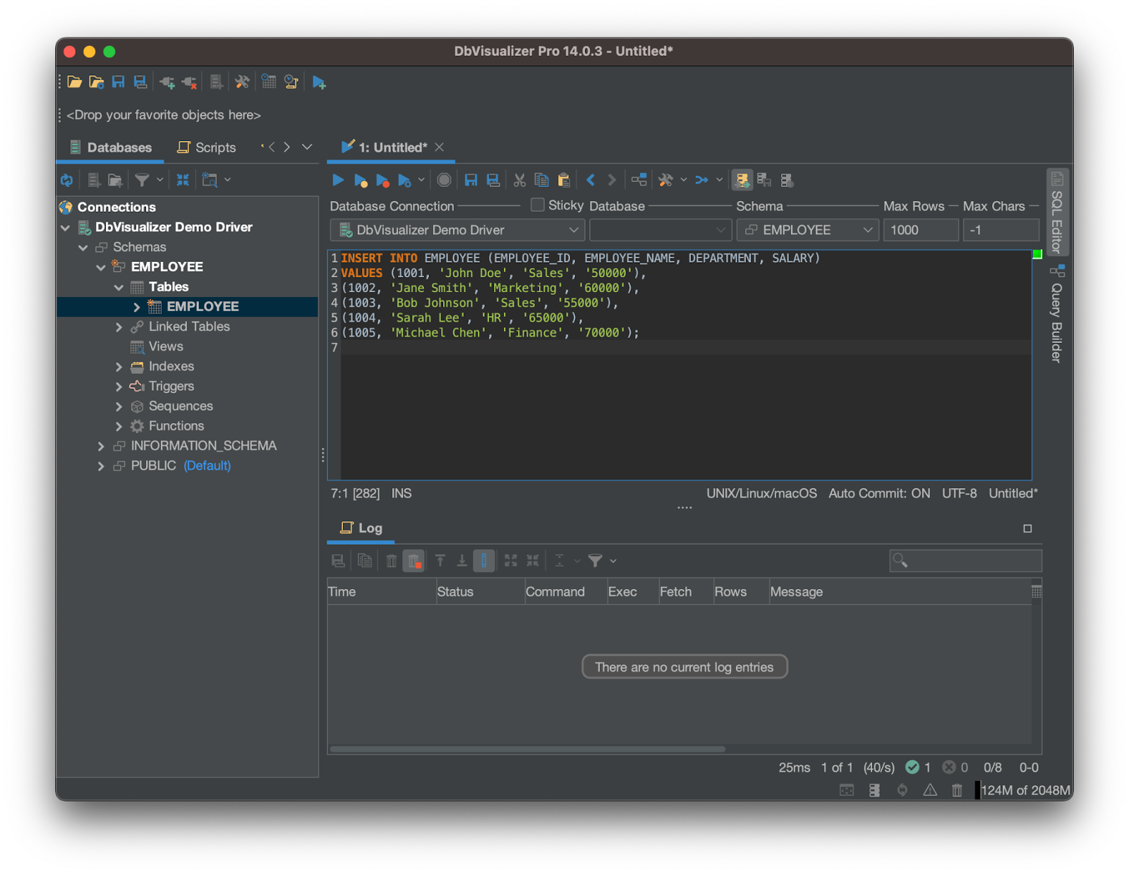 Image of DbVisualiser SQL commander used to insert data into database table