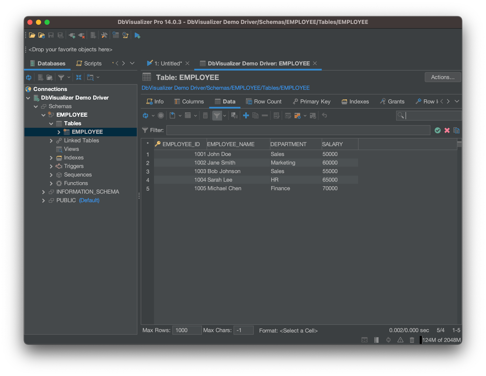 Image of DbVisualiser showing the employee table