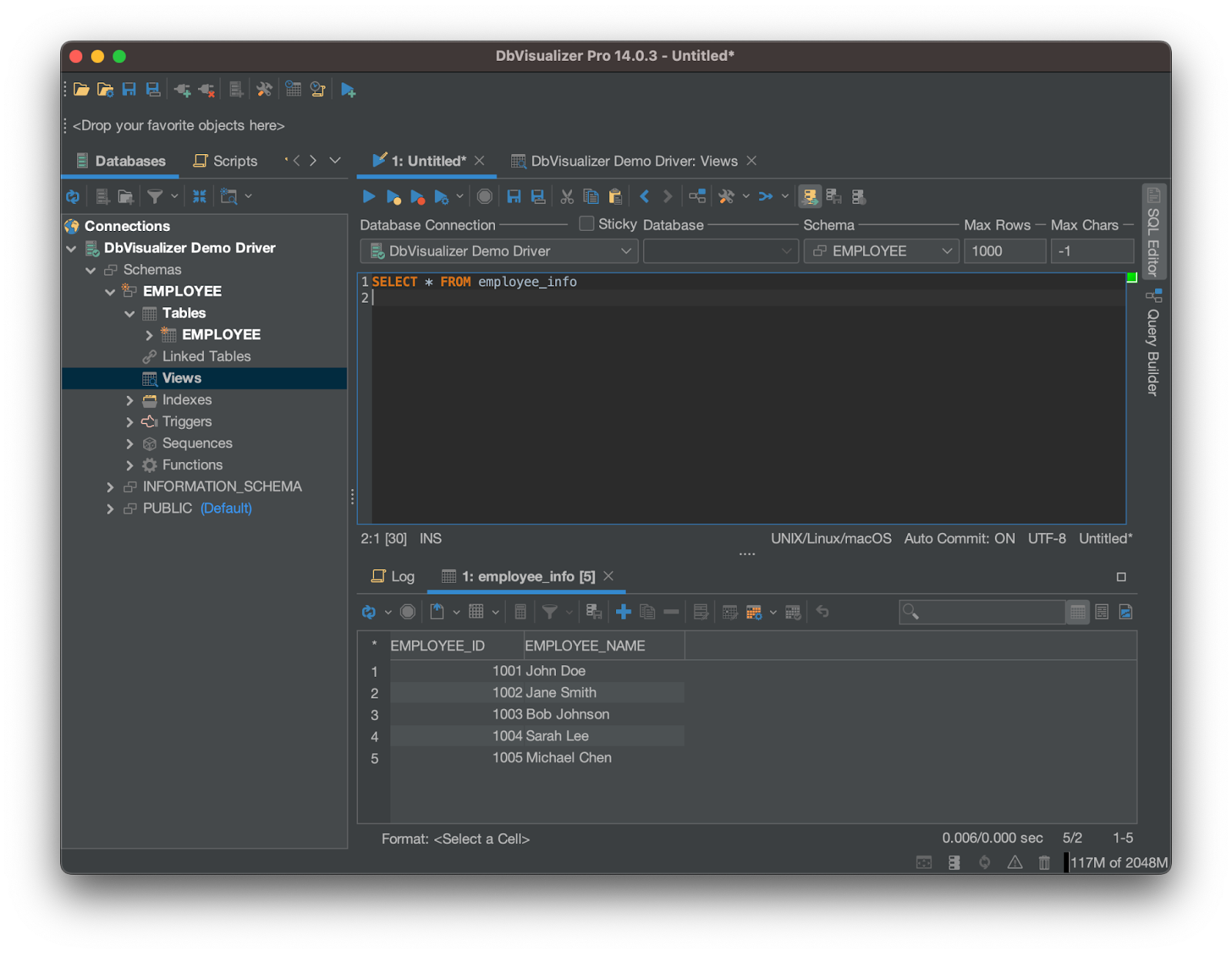 Image of DbVisualiser SQL commander used to show the employee_info view