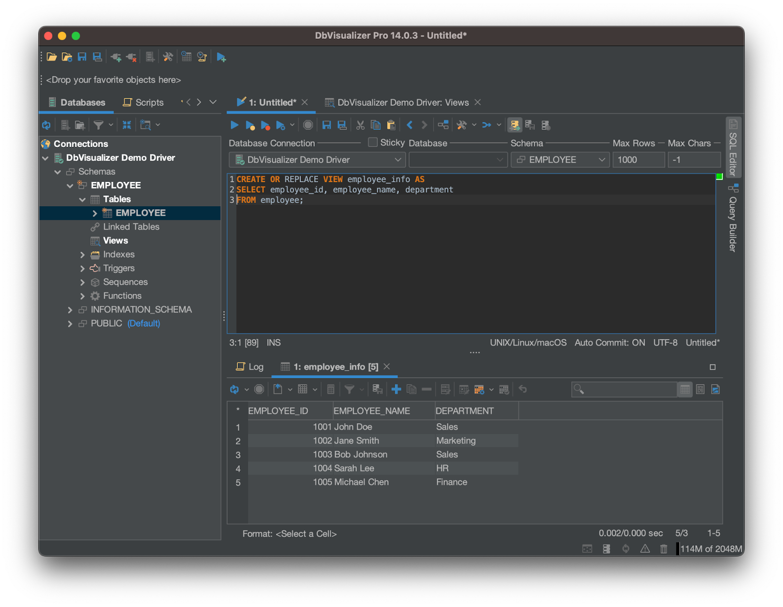 Image of DbVisualiser SQL commander used to alter employee_info view