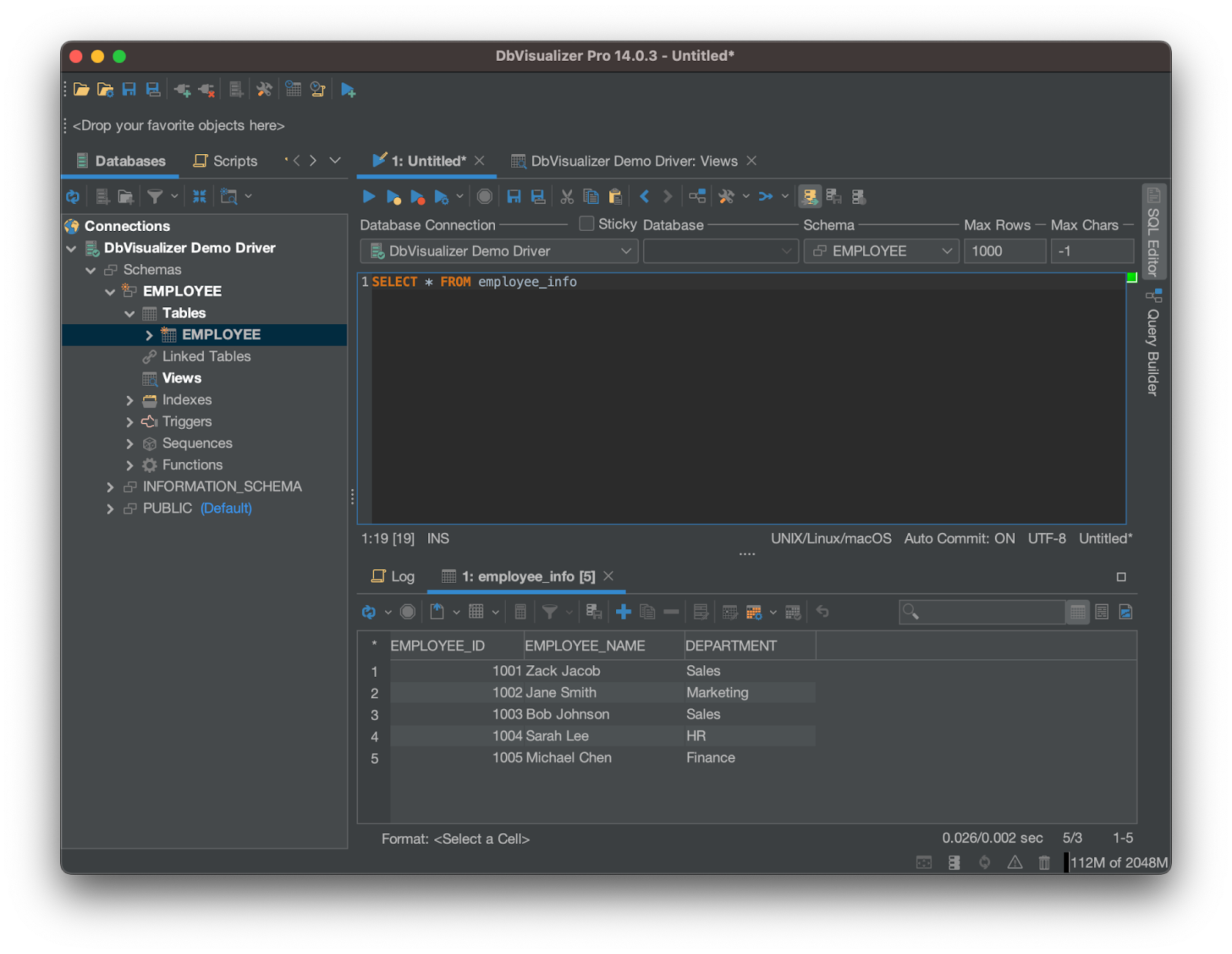 Image of DbVisualiser SQL commander used to show the updated employee_info view