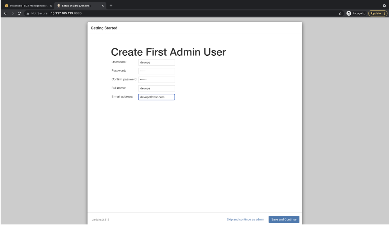 create first admin user