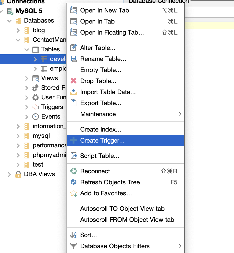 Selecting the Create Trigger option