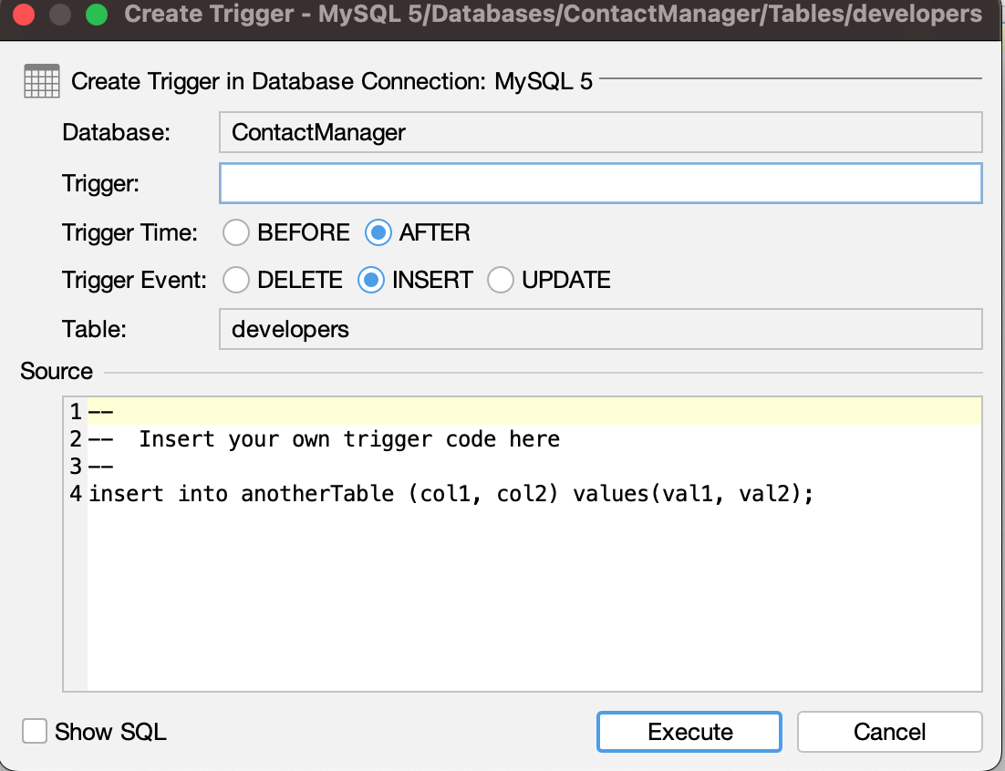 The trigger dialog