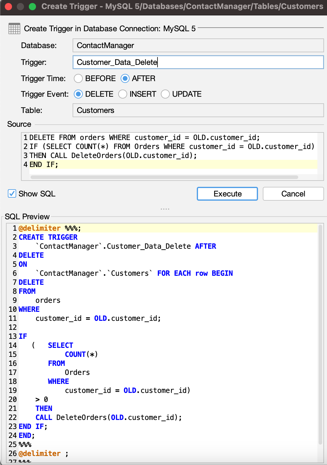 The Customer_Data_Delete trigger’s SQL body.