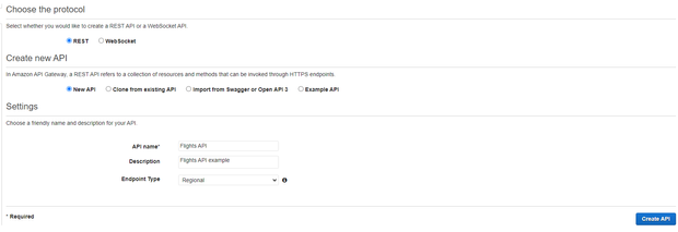 Set the name to “Flights API, “set the description to “Flights API example, “ and leave the Endpoint with the default option.