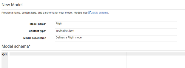 Click on the create button, set the name to Flight, the content type to application/json, and set an optional description.