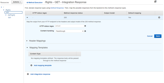 Return to /flights - GET - Method Execution and click Integration Response. Expand the 200 response and then the Mapping Templates section.