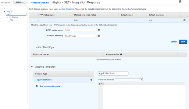 Click on Add mapping template. Set the Content-Type to application/json and click the check rounded button. The following screen should appear.