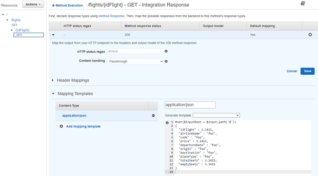 Finally, click the save button, and the success response for GET /{idFlight} will be created.