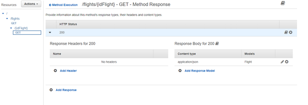 Follow the previous steps to generate a successful response for the GET method in the /{idFlight} resource, but in this case, instead of Flights, choose Flight as the Model.