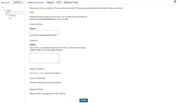 In the Amazon API Gateway console, return to /flights - GET - Method Execution and click the Test button. The following screen should appear.