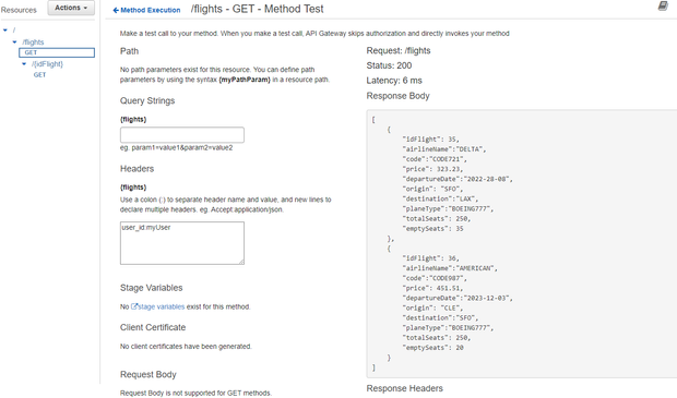 To avoid this response, set the value to user_id:myUser. Click the test button again, and a 200 response should be returned with the Flight data.