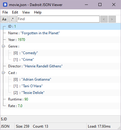 This is a sample JSON file opened in Dadroit JSON Viewer, to be used throughout the JSON SQLite tutorial post about a movie record, consisting of these fields: "ID", "Name", "Year", "Genre" and "Cast" as arrays, "Director", "Runtime", and "Rate”.