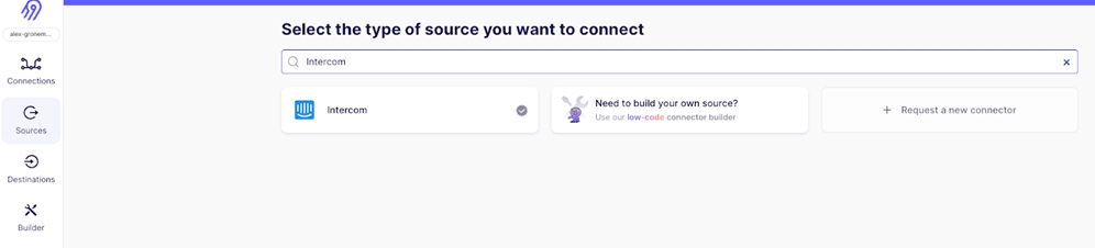 Click on "Sources" in the left-hand navigation menu and select "Intercom."