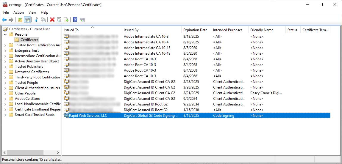 A screenshot of the CertMgr window displaying the available certificates in a user's account.