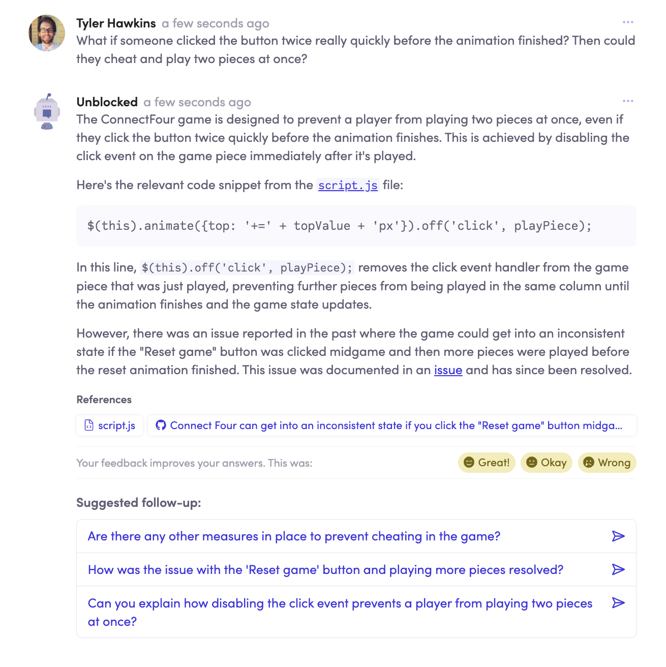 Question and answer for "What if someone clicked the button twice really quickly before the animation finished? Then could they cheat and play two pieces at once?"