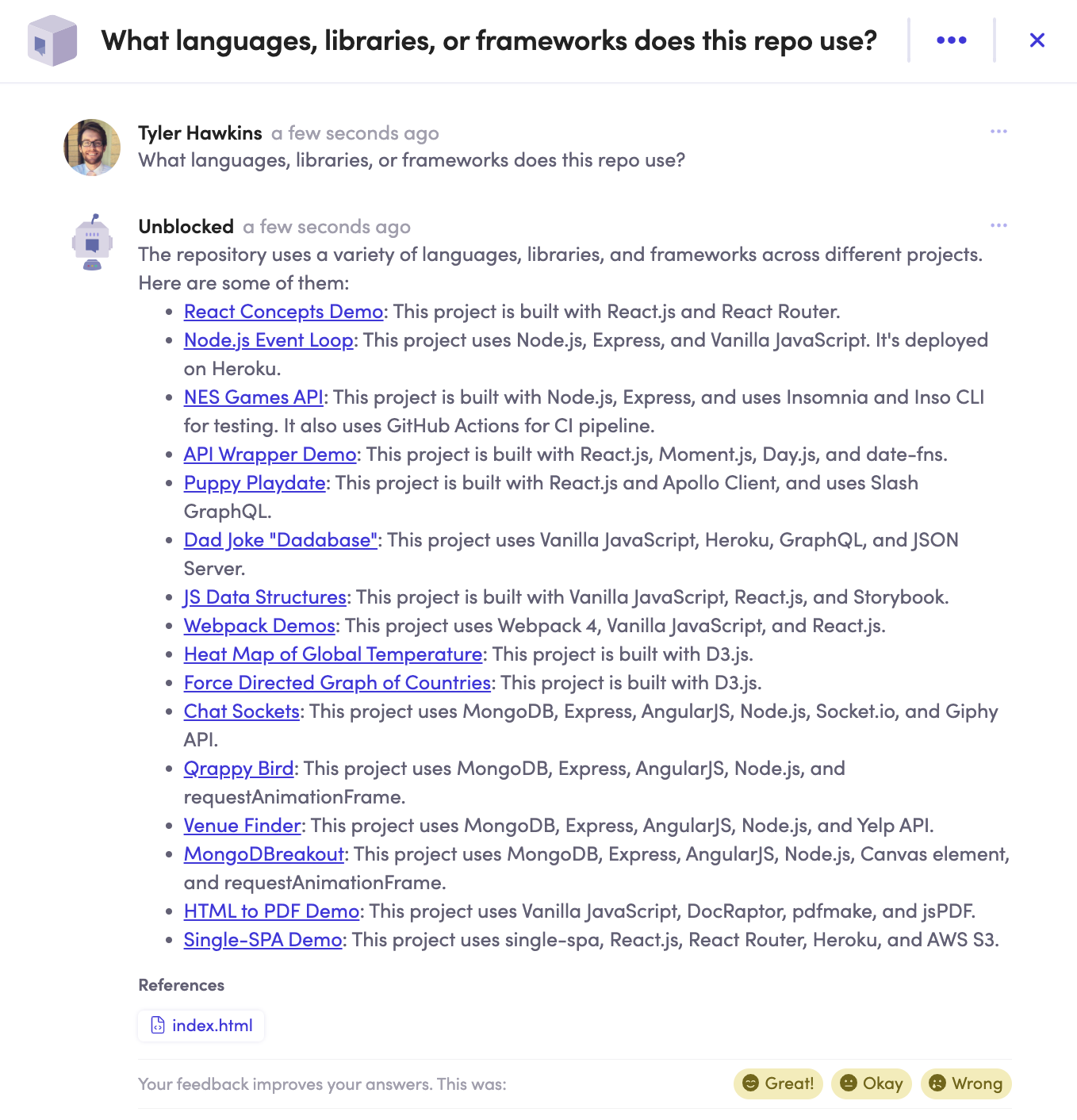 Question and answer for "What languages, libraries, or frameworks does this repo use?"