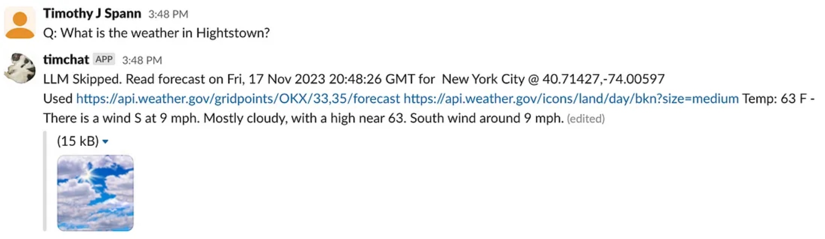Slack Output to question "What is the weather in Highstown?"
