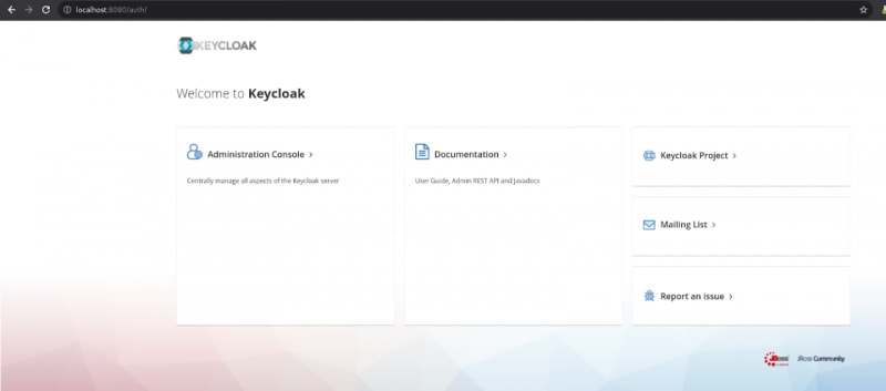 Figure 1: The Keycloak administrative site should be running on your local computer.