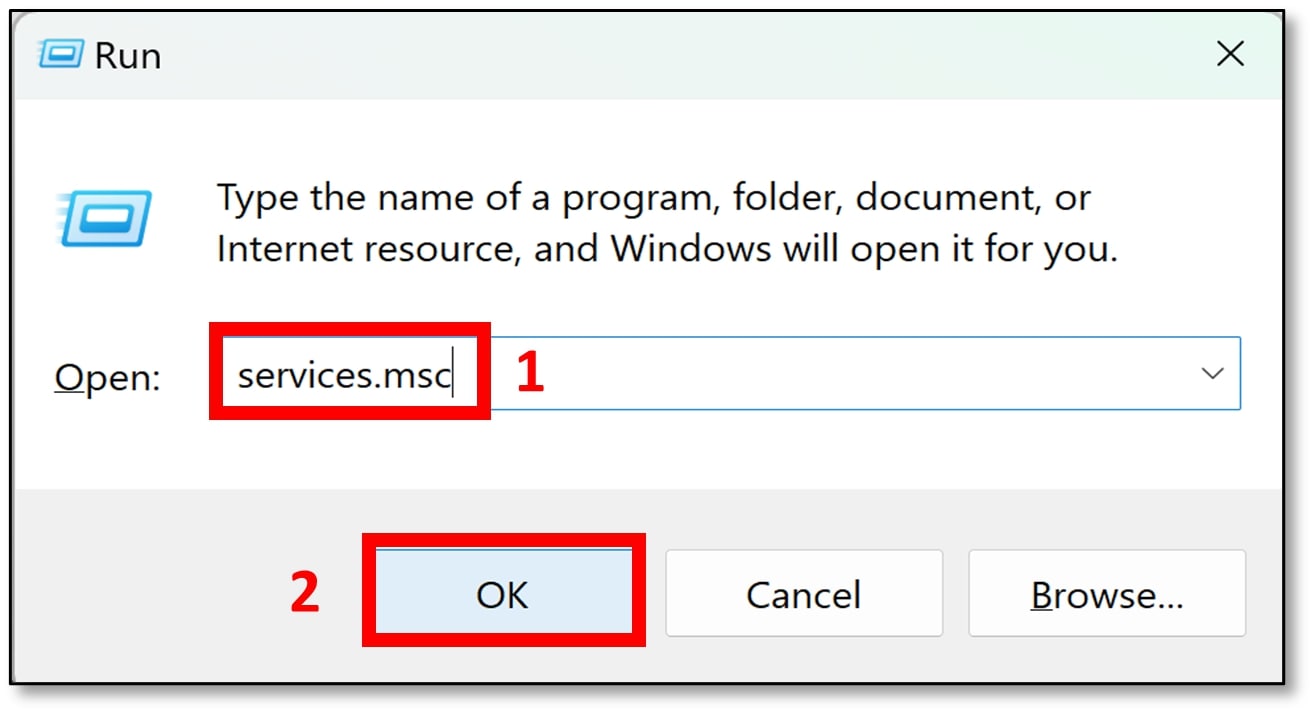 Type ‘services.msc’ and click ‘OK.’