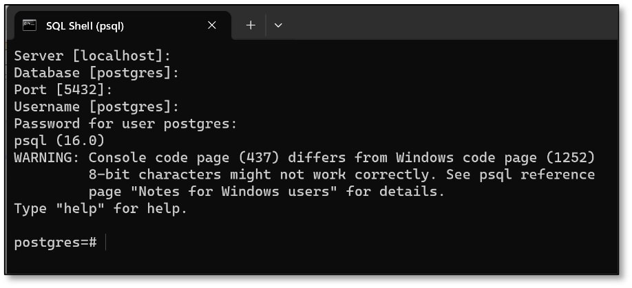 Press the ‘Enter’ button until ‘Password for user postgres:’ appears