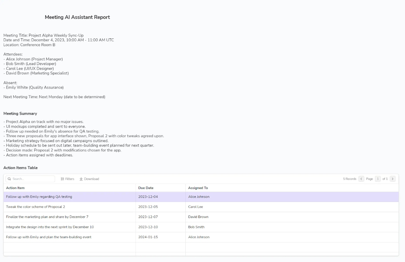 Meeting AI Assistant generated report on Appsmith dashboard