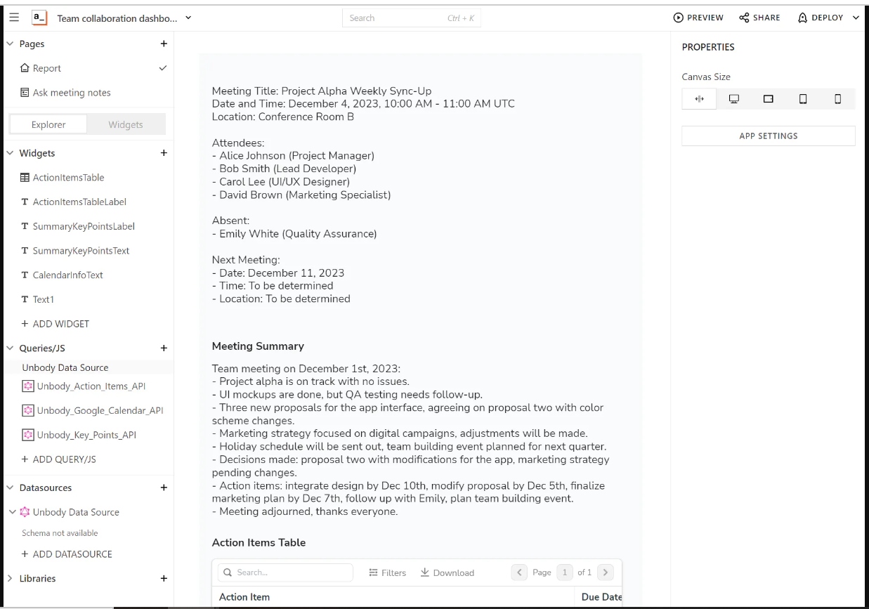 Example of Appsmith canvas to build UI apps