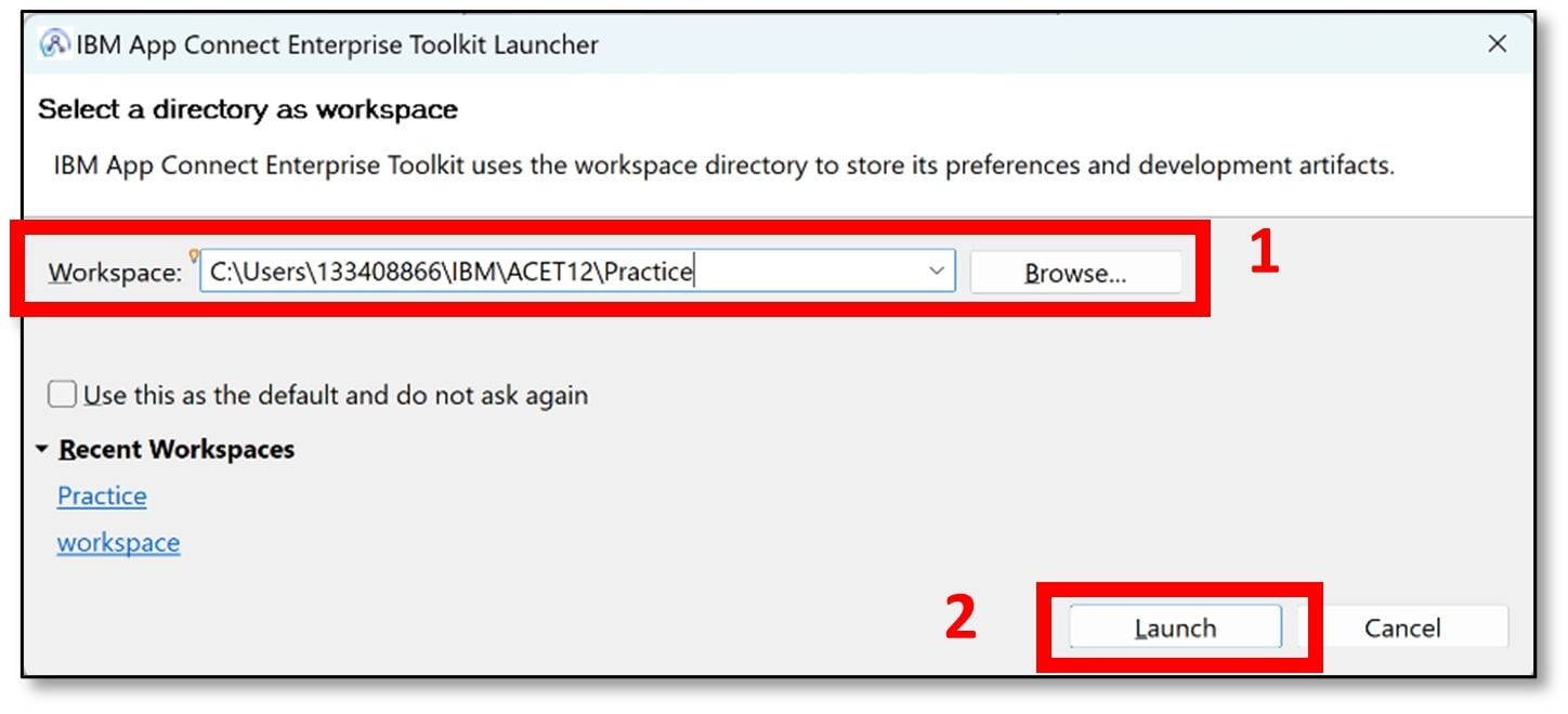 Select your preferred workspace (mine is C:\Users\133408866\IBM\ACET12\Practice) and click ‘Launch.’