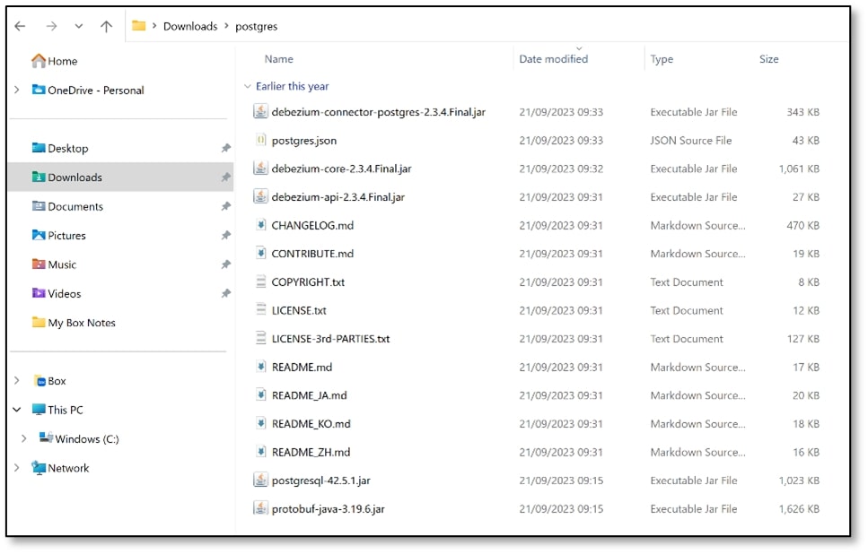 You should now see in your Downloads folder that there is a new folder called ‘postgres’, which contains all the extracted files from the Debezium Connector Postgres plug-in.