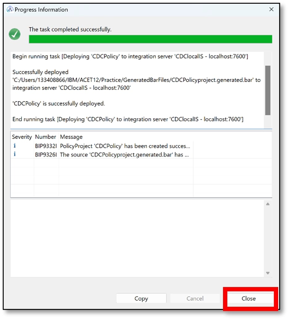 successful deployment dialog