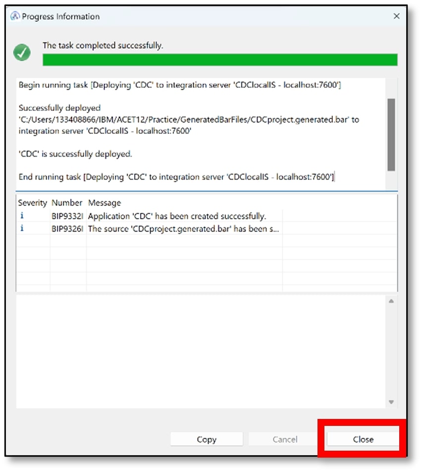 Another successful deployment dialog will be shown.