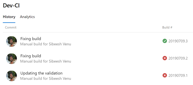 Dev-CI history screen