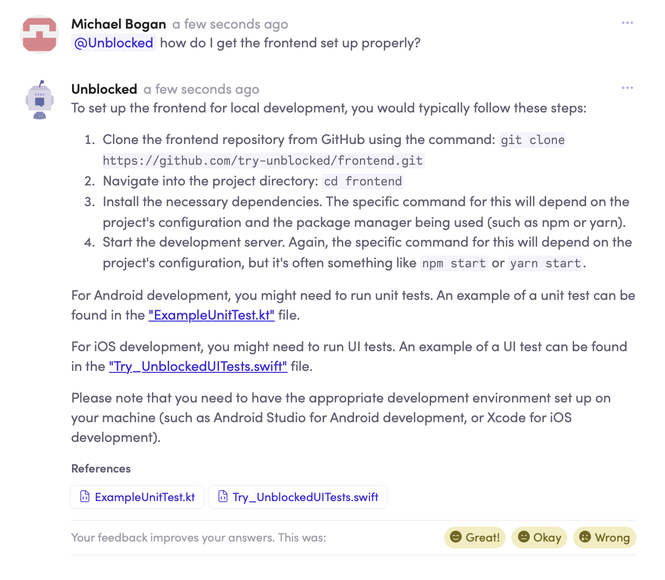Conversation with Unblocked about frontend