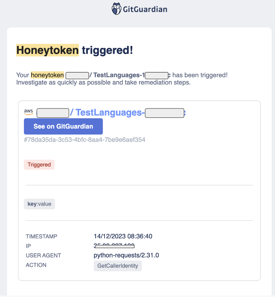 An example alert from the GitGuardian Honeytoken system