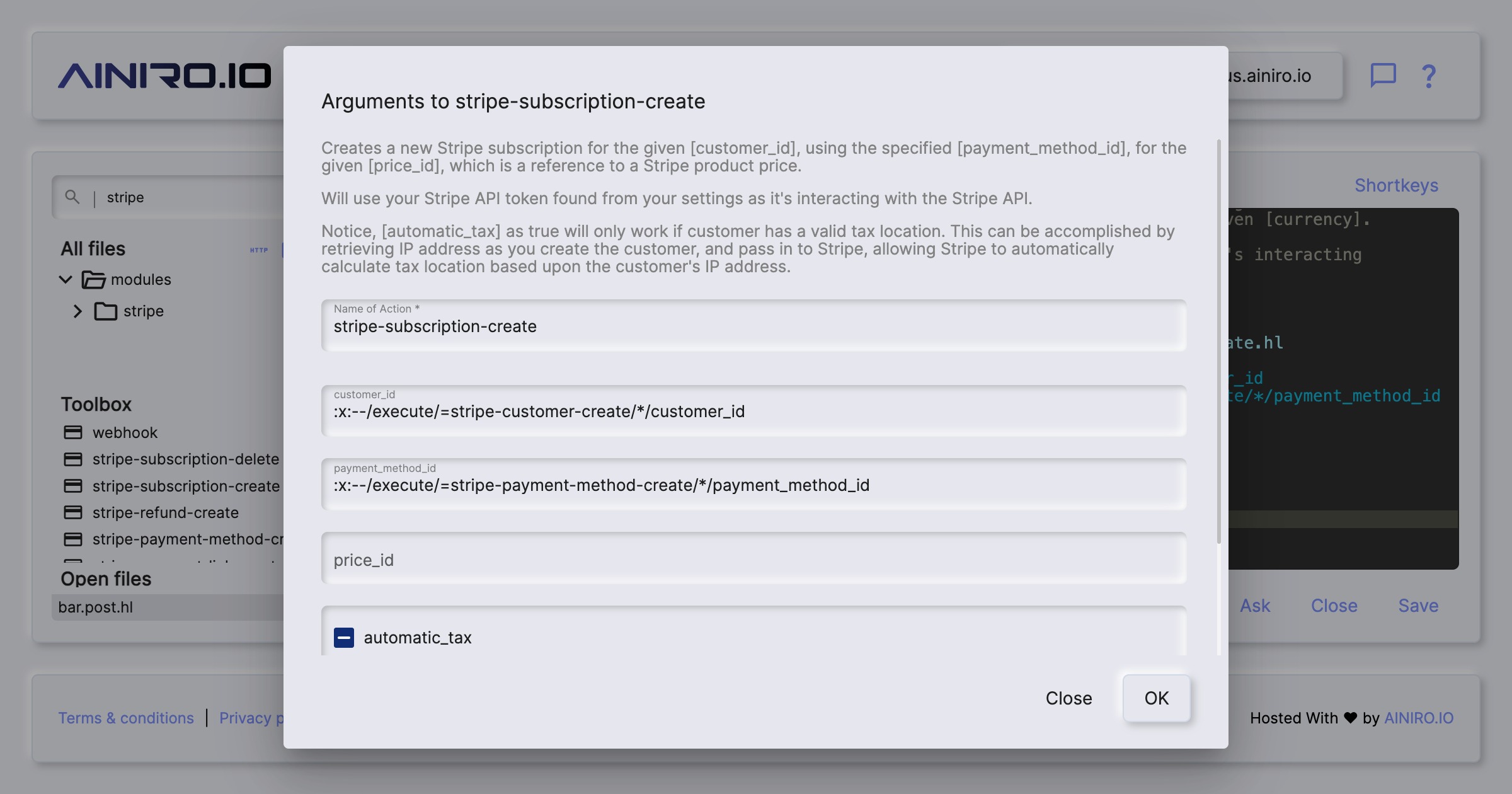 arguments to stripe subscription create